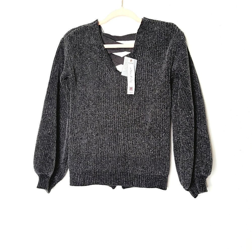 Gray Chenille Lace Back Bubble sleeveSweater